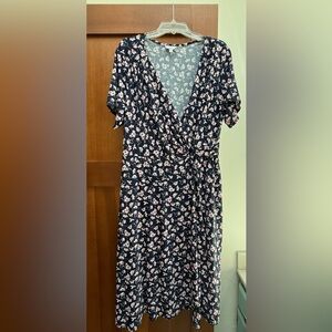 Robbie Bee Faux Wrap Dress, Blue w/Pink & White Flowers, and Flutter Sleeves